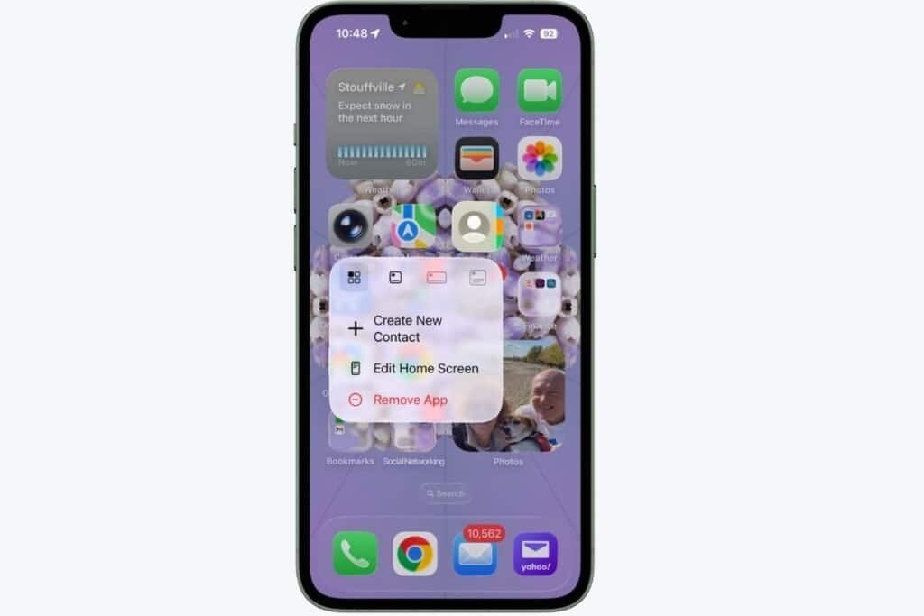 Contacts iPhone Quick Actions Shortcut showing option: Create New Contact