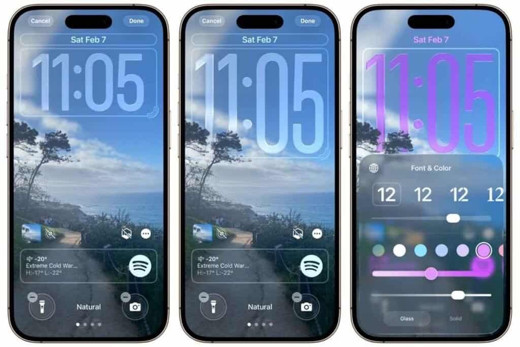 Three iPhone lock screens showing a beach scene as an example of how you can customize the clock size, fonts and colors in iOS 26 lock screen