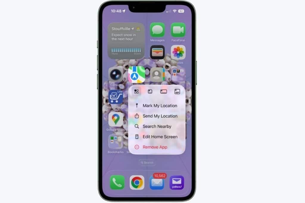 Maps iPhone Quick Actions Shortcut showing options: Mark My Location, Send My Location, Search Nearby