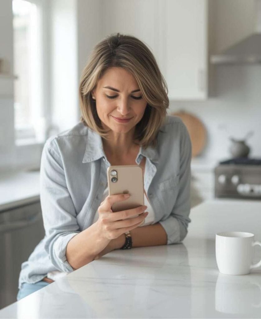 Woman sitting at a kitchen island looking at an iPhone.