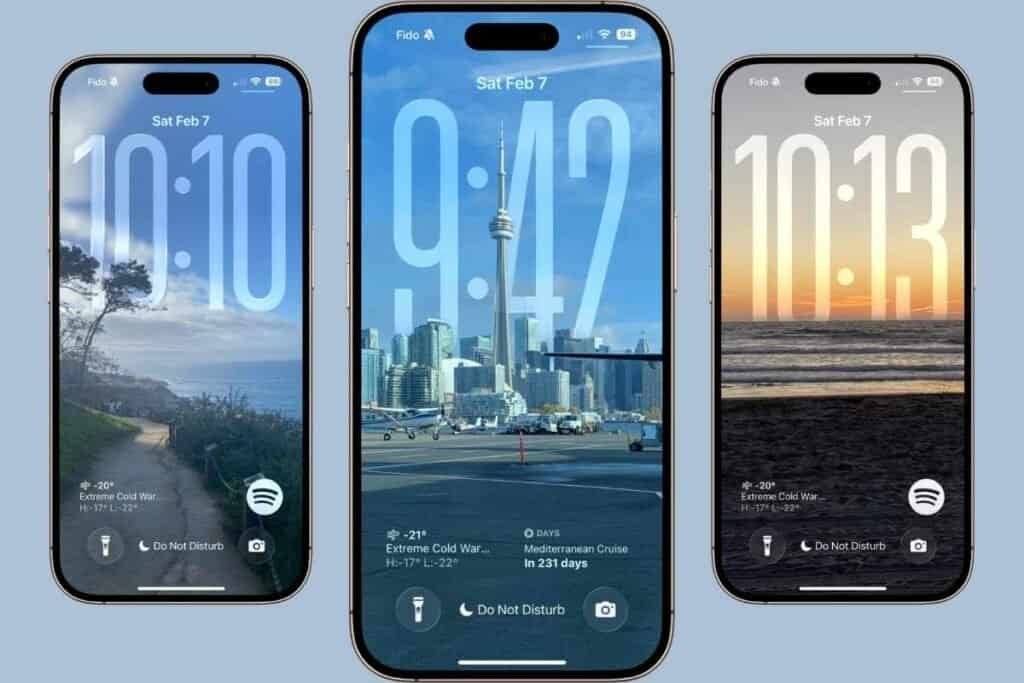 Three iPhone screens, one with a path along the beach, one with the CN tower and city background and one with a sunset as an example of iOS 26 Lock Screen Customization Without Apps