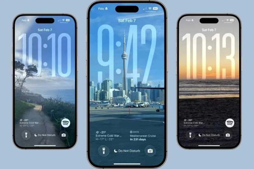 Three iPhone screens, one with a path along the beach, one with the CN tower and city background and one with a sunset as an example of iOS 26 Lock Screen Customization Without Apps