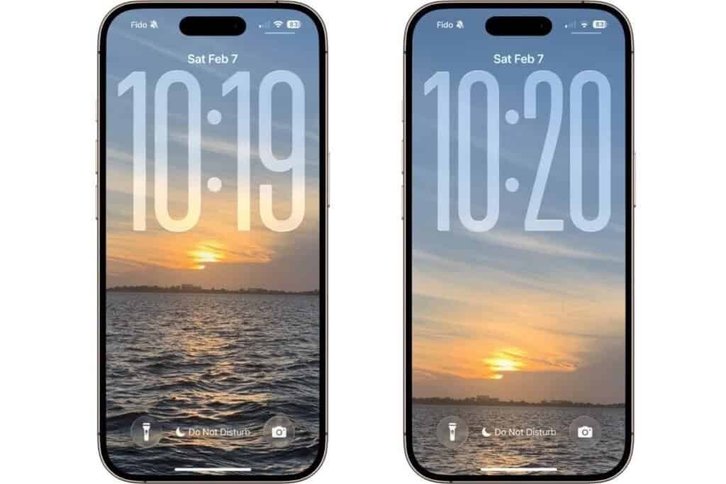 Two iPhone lock screens showing the same sunset photo just cropped differently as an example of how to customize lock screen on iOS 26