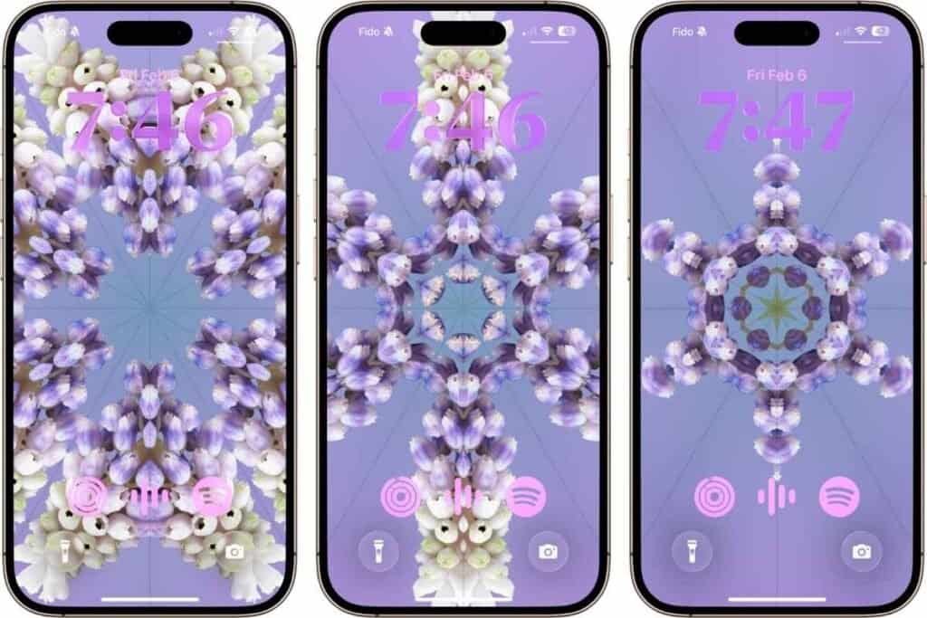 iOS 26 lock screen preset kaleidoscope showing 3 different looks from this preset locks screen.