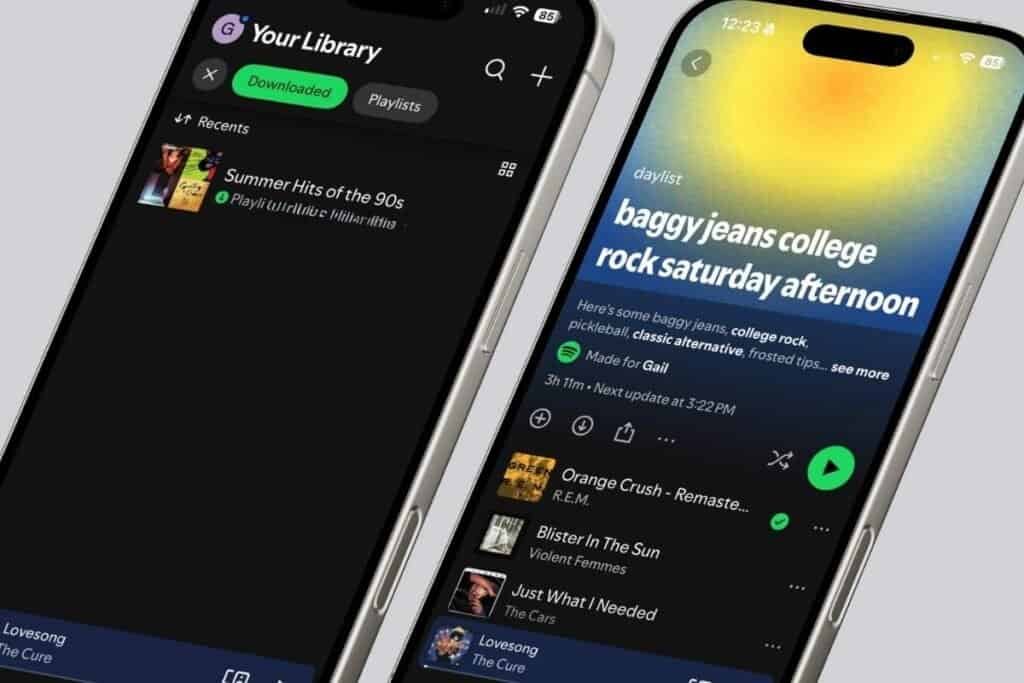 Live Streaming Vs Downloading Two iPhone screens showing app with music downloaded and the other showing streaming live as an example of options to save iPhone battery from draining.