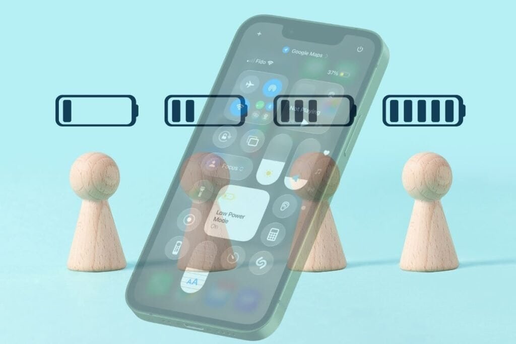 Four pegs pieces each with a battery level above it starting with full battery to low battery. iPhone screen showing low power mode is a lighter transparency on top to represent iPhone battery draining fast.