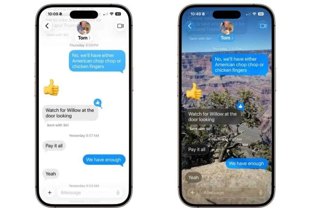 Two iPhone screens one showing a white background and the other showing an image background.