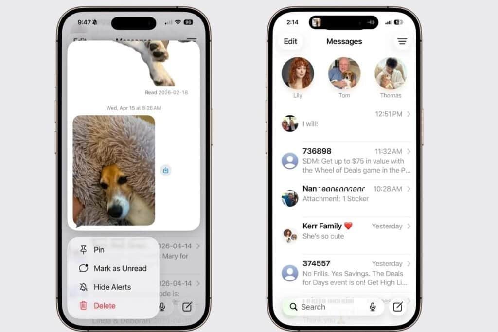 Two iPhone screens, one showing the prompt to pin a conversation, the other shows the message app with three conversations pinned to the top.