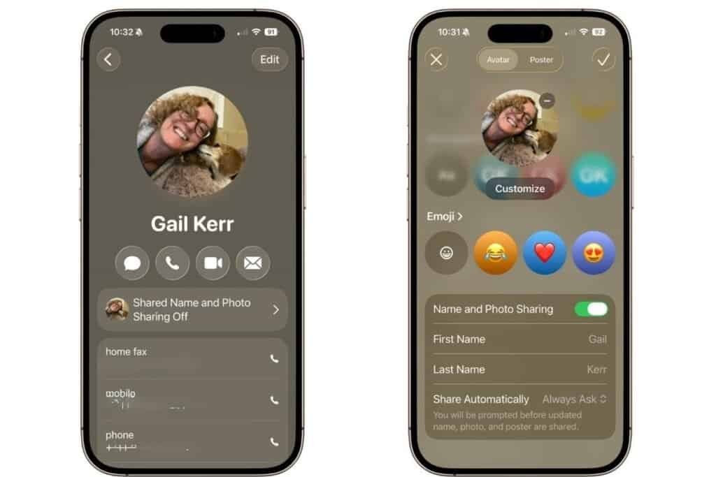 iPhone screens showing My Card Contact info and the option for Name and Photo Sharing.