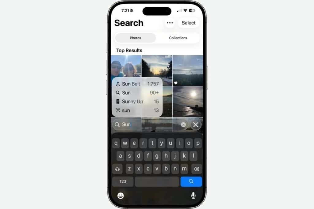 iPhone screen showing the search feature in photos.