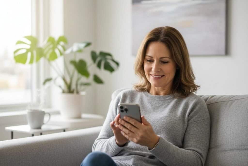 A woman sitting on her couch looking at her iPhone