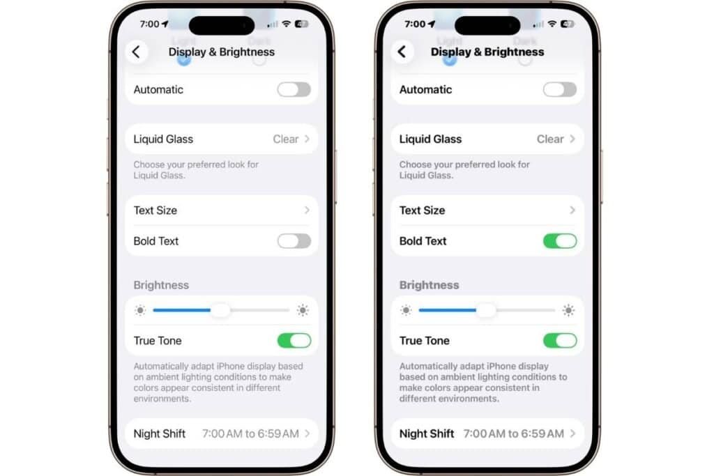 Two iPhone screens showing the Display & Brightness settings. One screen has Bold Text toggled off and one on to show the difference.