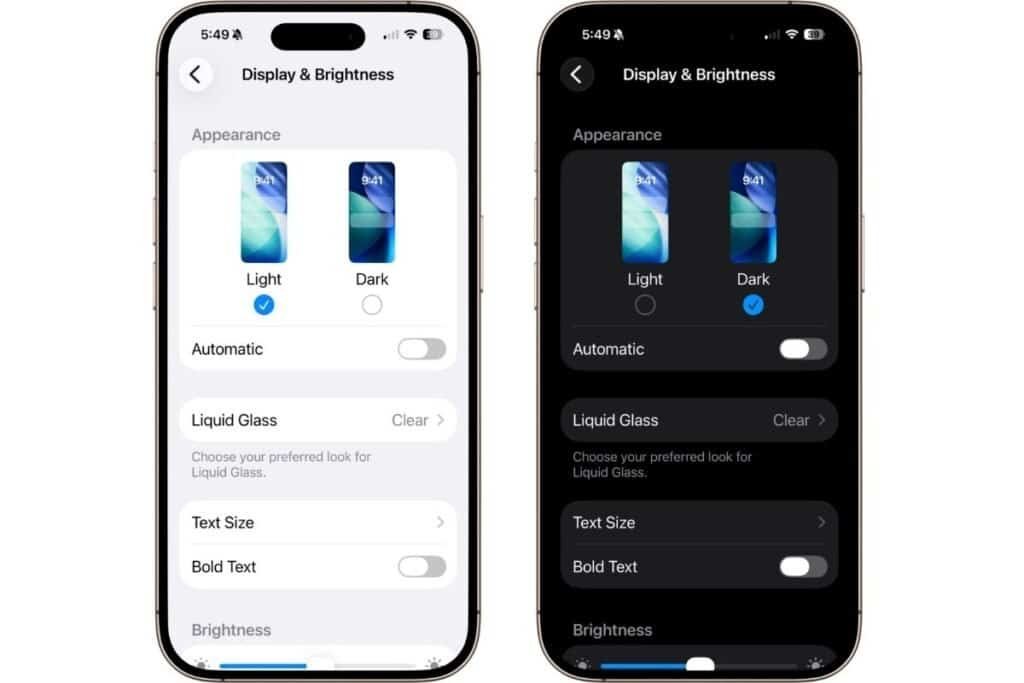 Two iPhone screens showing Display & Brightness setting. Once is showing light appearance and the other is showing dark appearance.