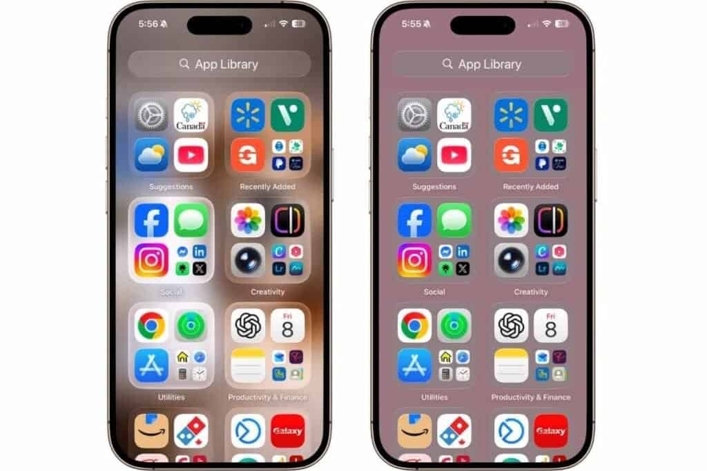 Two iPhone screens showing the difference when the Reduce Transparency option is turned on.