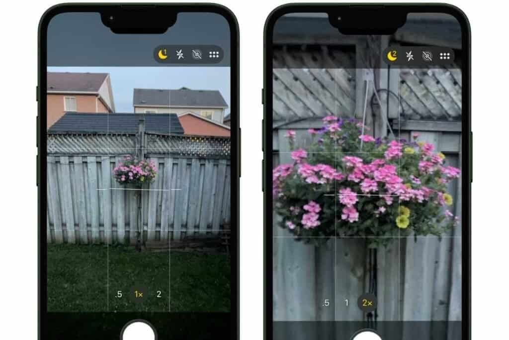 A iPhone screen showing flowers camera screen in Night Mode and no zoom. The 2nd iPhone screen showing same flowers, camera screen is zoom 2x.